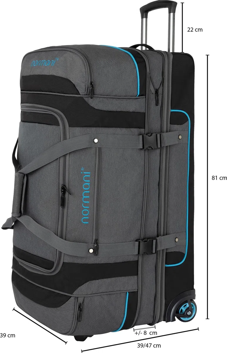 Reisetasche 2-Rad Trolley 120-150 Liter Weichgepäck Travel Bag mit Rollen und 6 Fächern - erweiterbarer Reisetrolley - Rolltasche Sporttasche 81x39x39/47 cm Farbe Grau/Blau Größe 120-150 Liter