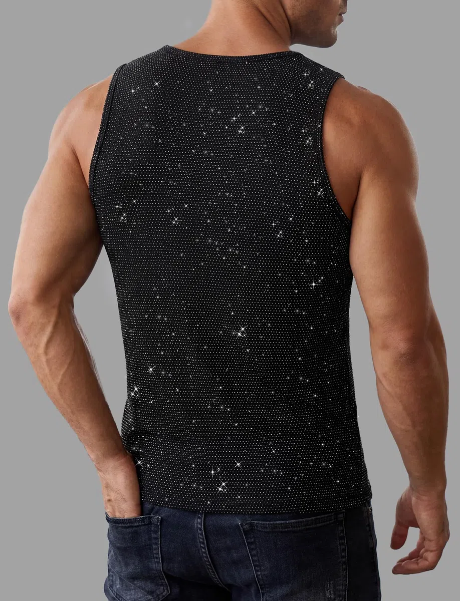 AIEOE Herren Glitzer Tank Top Muskelshirt Shiny Netzshirt Ärmelloses Oberteil Rundhals Sexy Clubwear Party Outfit für Disco Bar Festival