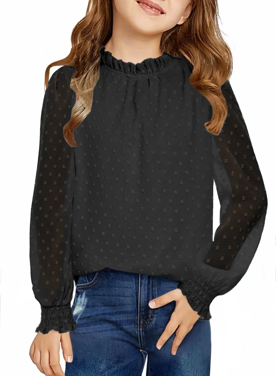 Arshiner Mädchen Langarmshirt Chiffon Kinder Tunika Punkt Faltiger Kragen Oberteile Freizeit Locker Longsleeve Herbst Winter Niedlich Bluse für Mädchen 4-13 Jahre