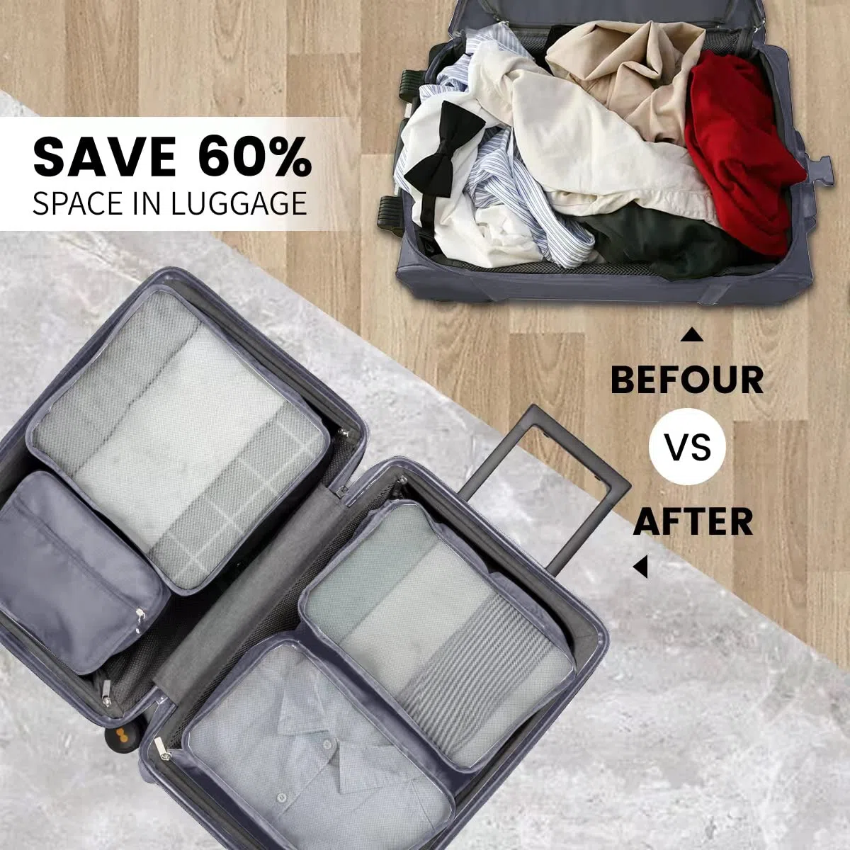 Große Koffer Organizer Set 12-teilig, Wasserdichte Packwürfel, Travel Organizer zum Gepäckpacken, Familienreisen, Aufbewahrung zu Hause Grau