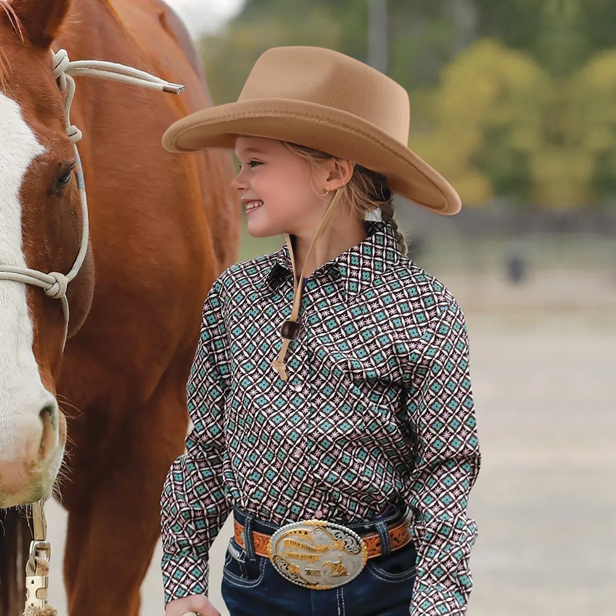 DRESHOW Cowboyhut Kinder Jungen Mädchen Fedora Hut Western mit Schnalle Gürtel Retro Panama Hüte Unisex Aufgerollte Mützen 4-12 Jahre