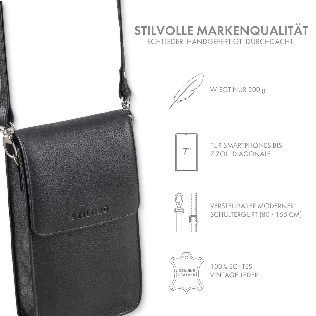 STILORD Imola Echtleder Handytasche 7 Zoll Damen Herren Vintage Umhängetasche Leder Crossbody Bag schwarz