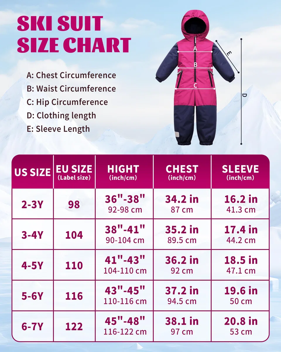 Owntop Schneeanzug Kinder Unisex, Schneeoverall Mädchen Jungen, Winddicht Wasserdicht Skianzug mit Kapuze Reißverschluss (Rosa,104)