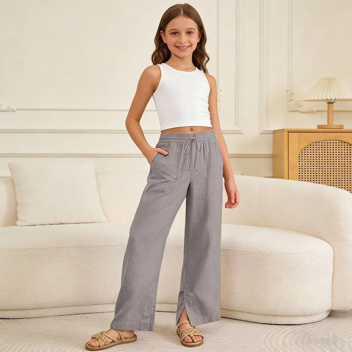 Sommerhose Mädchen Leinenhose Sommer Hose Leicht Luftig Sommerhosen Lange Leinenhose Weite Palazzo Hose Locker Teenager Musselin Hosen Hohe Taille Weites Bein Jogginghose Kinder Baggy für 4-15 Jahre