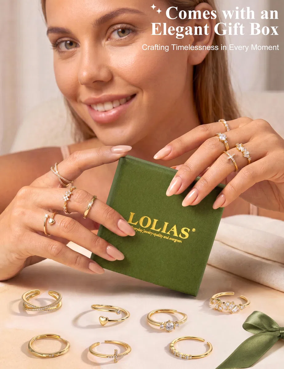 LOLIAS 8 Stück Ringe Gold/Silber Wasserfest Ring Verstellbar Statement Ringe Damen Fingerring Stapelringe Verlobungsring Herz Promise Rings Set Schmuck