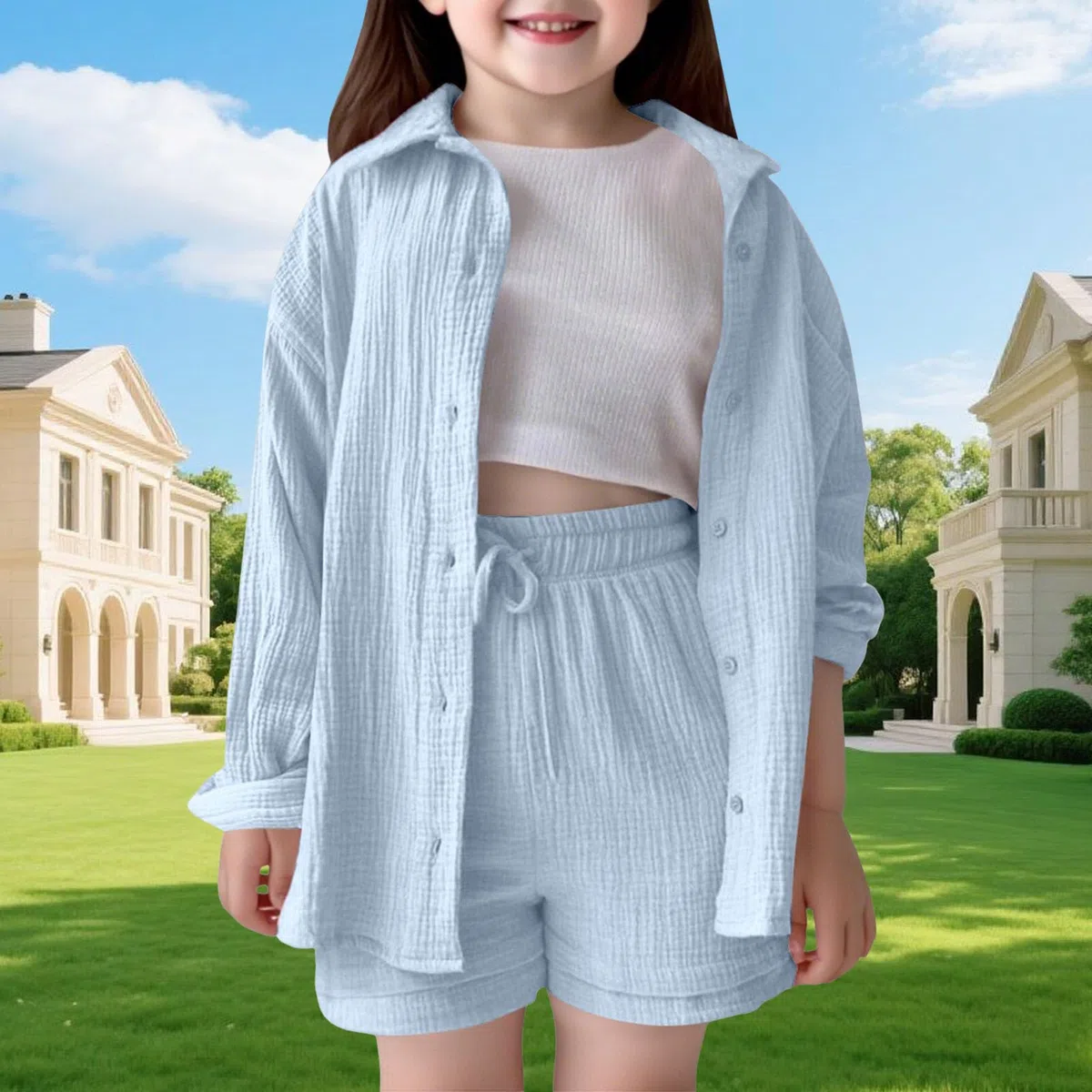 Sommer Zweiteiler Mädchen Kinder Sommer Musselin Bluse Hemd und Shorts Zweiteiler Set Baumwolle Strand Outfit Set Oversize Freizeitanzug Langarm Hausanzug Y2K Clothes