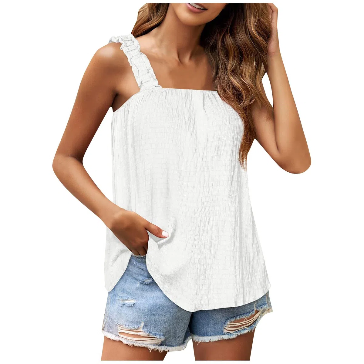 Damen Tanktop Breite Träger Elegant Einfarbig Rückenfrei Quadratischem Kragen Trägertop Camisole Sommer Casual Ärmellose Plissee Crop Tops Korsett Top Loose Fit Tank T-Shirt