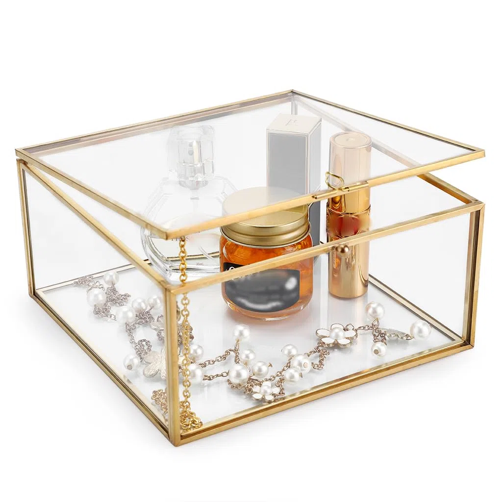 SUMTree Schmuckschatulle aus Metall und Glas Schmuckbox mit Deckel Schmukkiste Schmuckkoffer Schmuckaufbewahrung für Schmuck, Ringe, Armbänder, Heimdekoration Geschenk für Damen (Quadrat)