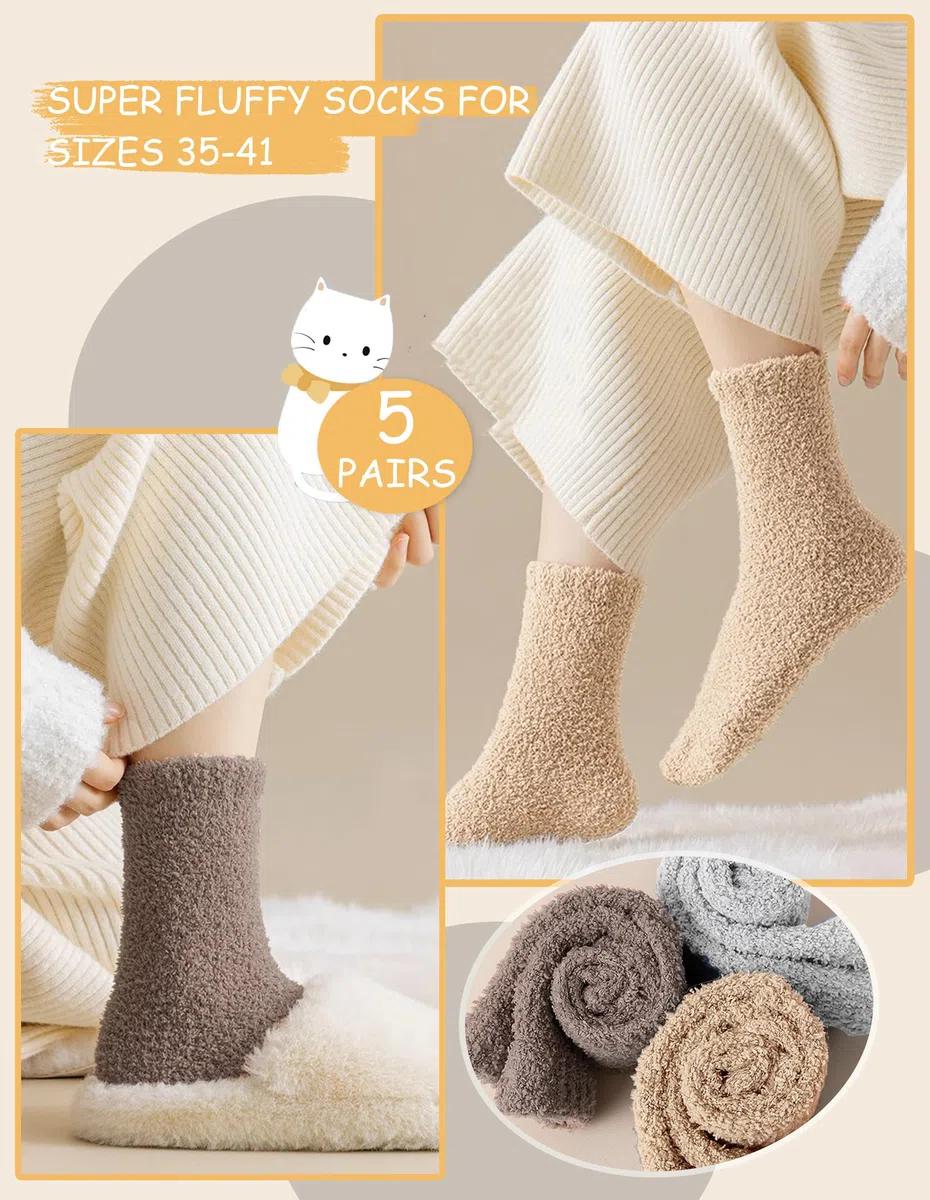 Josnown Kuschelsocken Damen Flauschige Socken aus Korallenfleece Winter Dicke Warme Haussocken 5 Paar Kuschlige Bettsocken Schlafsocken Größe 35-41