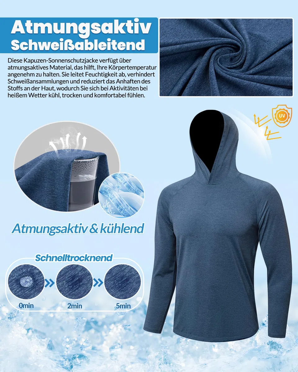 MEETYOO Sun Hoodie Herren & UPF50+ UV Shirt Herren, Kapuzenpullover–Atmungsaktiv, Belüftet, Schnelltrocknend, Ideal für Angeln, Outdoor und Alltag