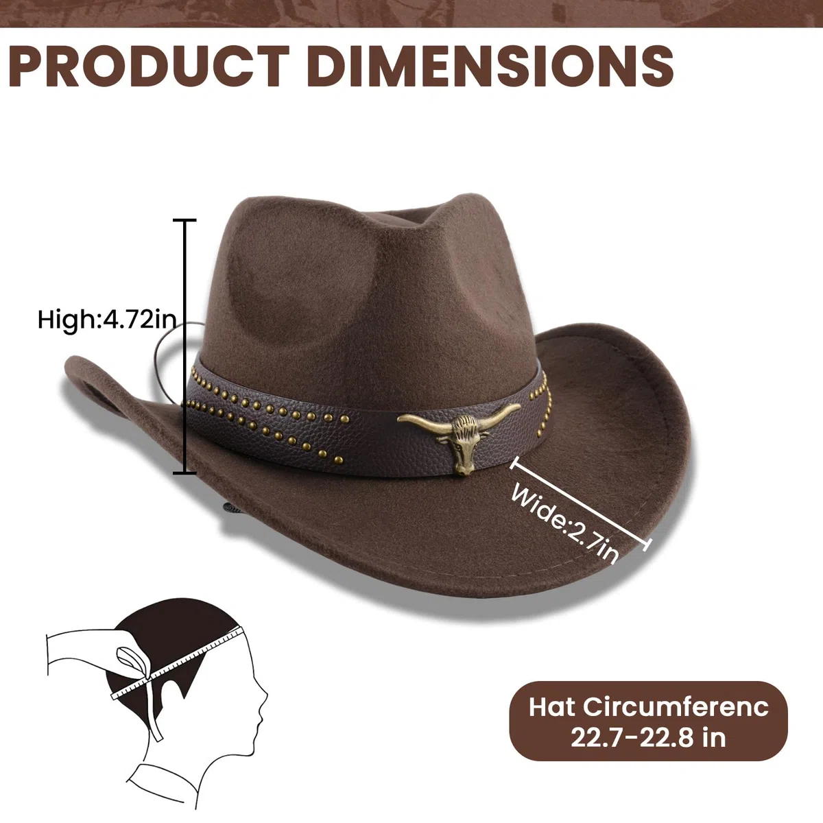 Klassischer Westernhut für Damen und Herren – Einfarbiger Cowboyhut mit Stierkopf-Dekor, Vintage Jazzhut für Erwachsene im Cowgirl- und Western-Stil (Braun A)