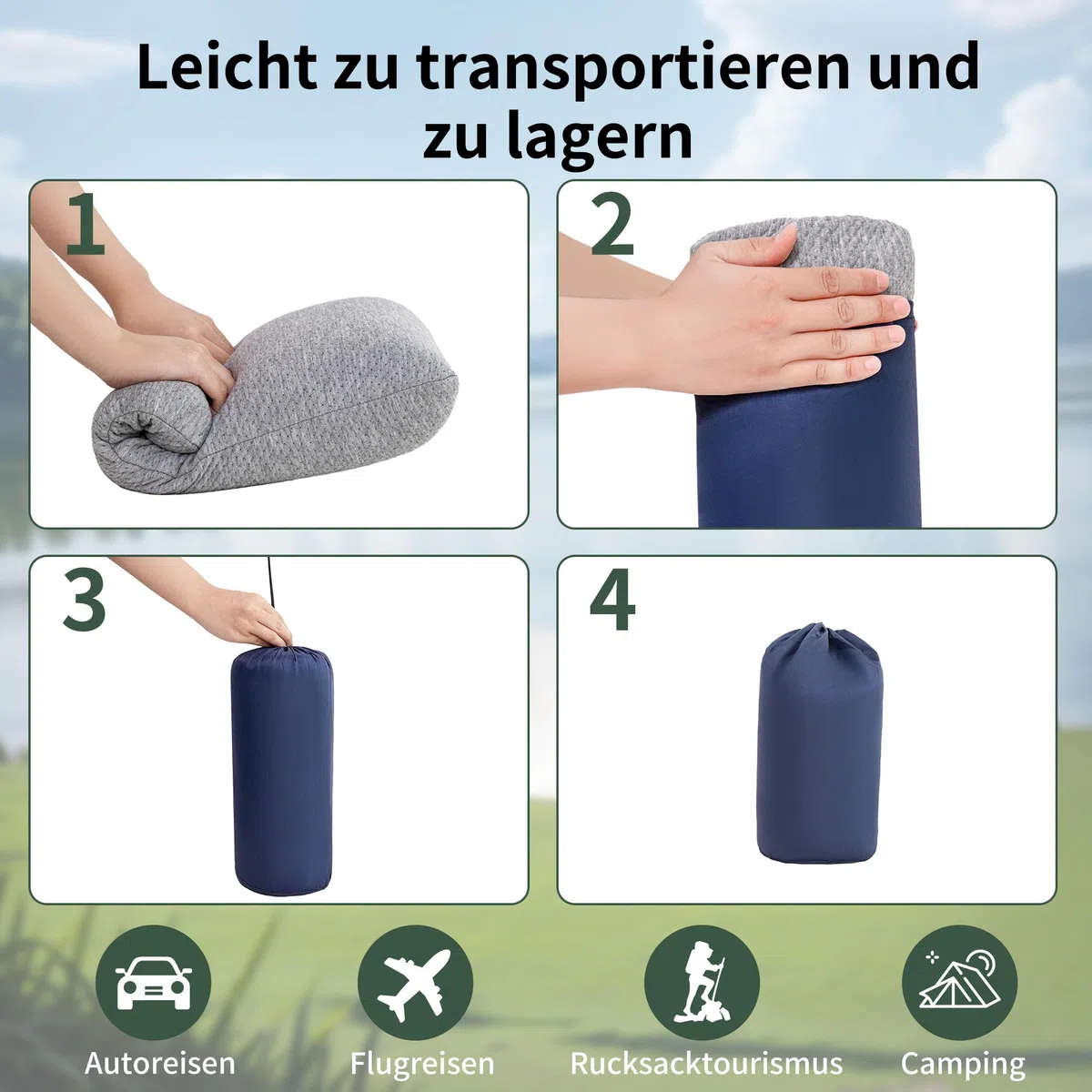 Reisekissen Memory Foam, Reisekopfkissen, Camping Kissen mit Packsack, Ideal für Auto, Flugzeug und Rucksackreisen, Kleines Kissen 42x24x12 cm, mit Waschbarem Kissenbezug