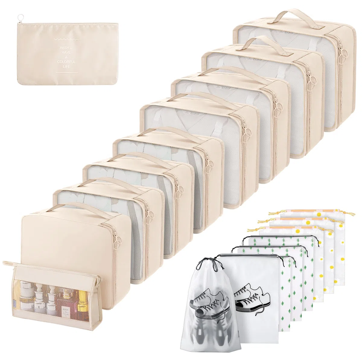 Koffer Organizer Set 18-teilig, Wasserdicht Packing Cubes, Multifunktionale Travel Packwürfel, Kofferorganizer Packtaschen für Koffer, Reise Organizer Set Mit Kleidertaschen (Beige)