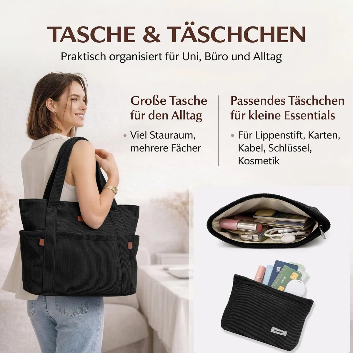 Captain Blues Cord Tasche Damen, Große Tote Bag mit Laptopfach, Shopper Tasche Damen mit Reißverschluss und weichem Baumwollfutter, Strandtasche, Arbeitstasche für Uni, Schule, Lehrer