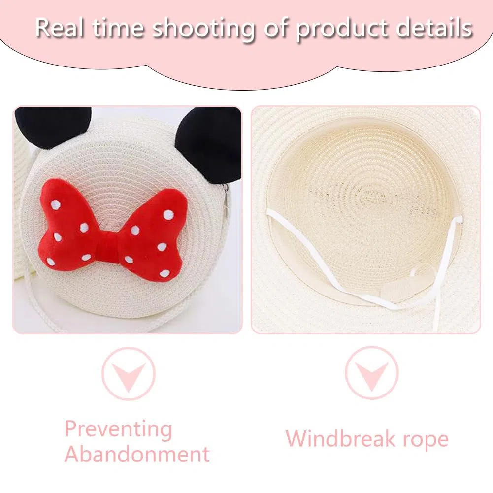 Mädchen Strohhut und Umhängetaschen Set mit Maus Ohren Visier Sonnenhut Mädchen Sommerhut Strandhut für den Urlaub Reise Outdoor Aktivitäte für 4-8-Jährige