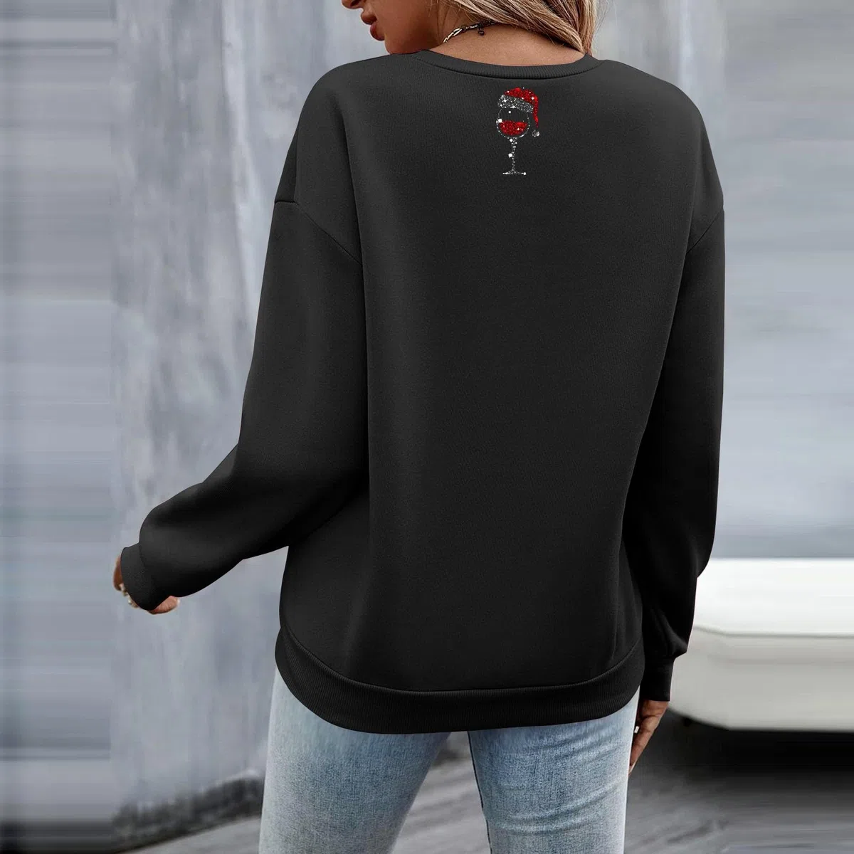 Weihnachtspullover Damen Lustig Rotwein Glas Druck Sweatshirt Oversized Rundhals Langarm Ugly Weihnachten Pullover Christmas Oberteile Frauen Xmas Pulli Tops