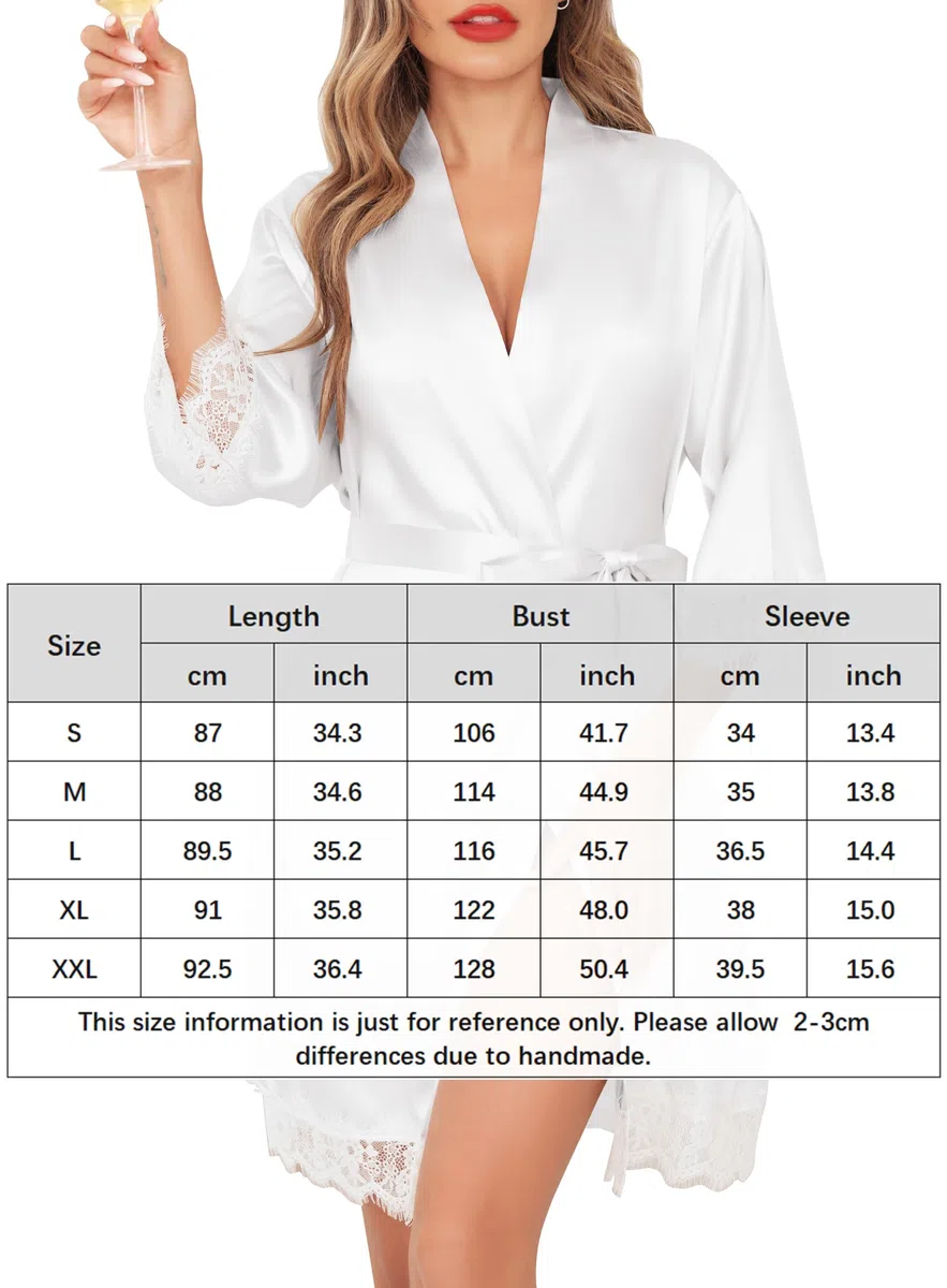 Lovasy Bademantel Damen Satin Kurz Kimono Manschetten aus Spitze Sexy Japanisch Morgenmantel für Damen Braut Team Bride Hochzeit Party Pyjama mit Gürtel