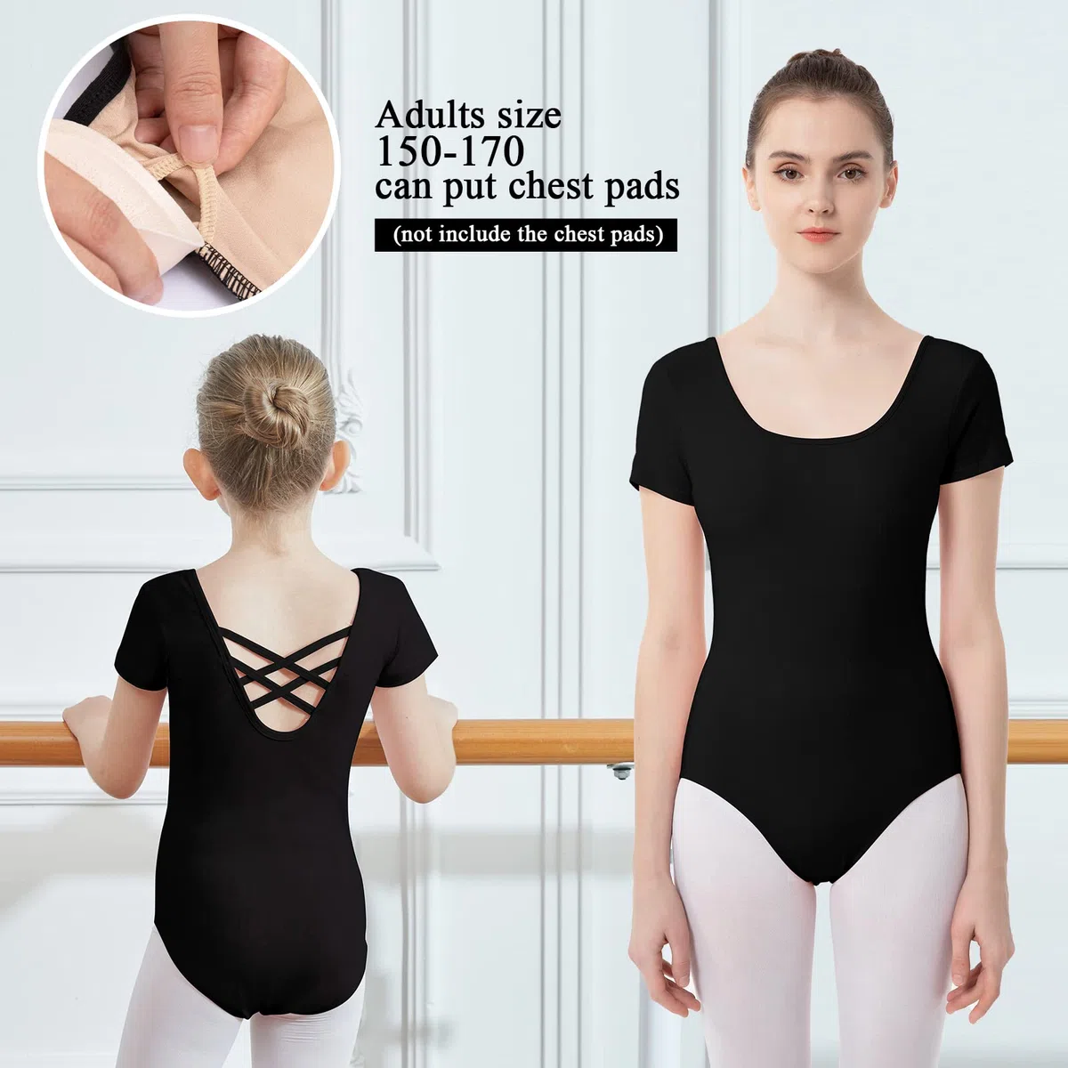 Ballettanzug Mädchen, Kinder Ballett Trikot Kurzarm Ballett Gymnastik Turnanzug Tanz-Body aus Baumwolle für Damen Kinder Schwarz Weiß Rosa(Größe 110-170)