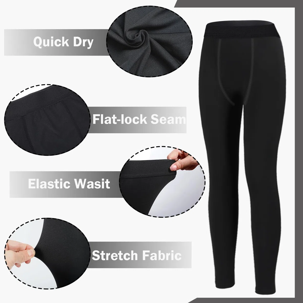 2 Stück Kompressions Leggings Kinder Jungen, Kompressionshose für Jungen,Lange Sportleggings für Fußball und Basketball (Schwarz+Weiß)