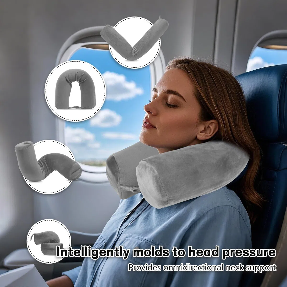 EPROICKS Nackenkissen Flugzeug Verstellbar, Reisekissen Biegsam Auto mit Memory Foam & Flexiblen Stützstäbchen –Formbar für Seitenschläfer, Inkl. Schlafmaske & Ohrstöpsel, Kompakt, Atmungsaktiv（grau）