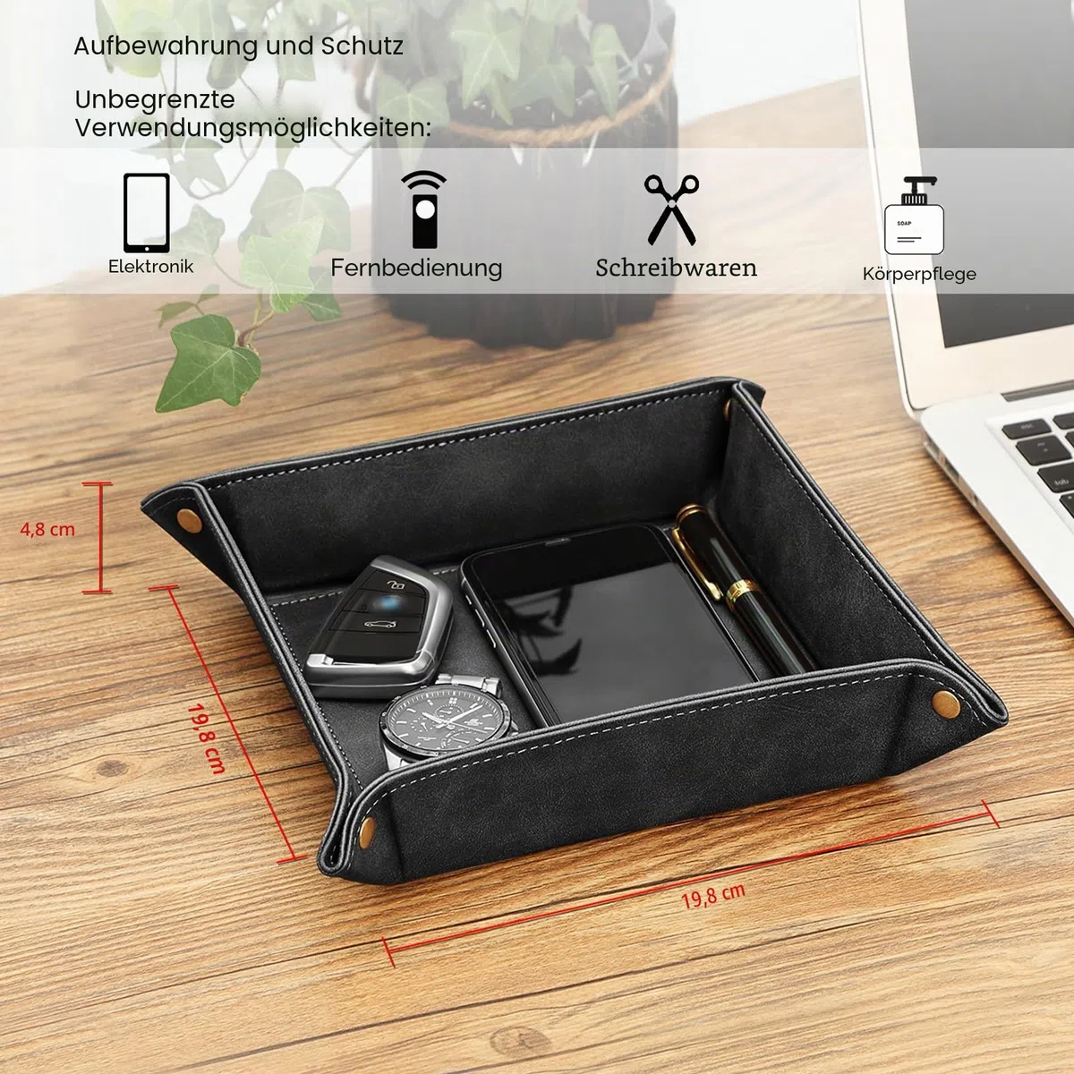 SITHON Taschenleerer - Tablett Organizer, Ablage Aufbewahrungsbox, Kunstleder Ablageschale Schlüsselschale für Uhren Handy Schmuck Schlüssel Münzen Geldbörse und Büroausstattung, (Schwarz)