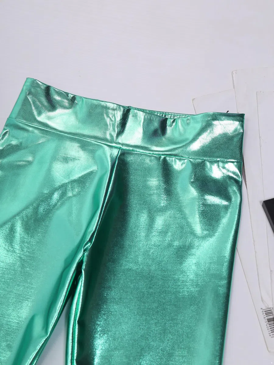Kinder mädchen metallic Hose Glitzer Schlaghose Weites Bein High Waist Tanzhose Stretch Yogahose Disco Festival Outfit