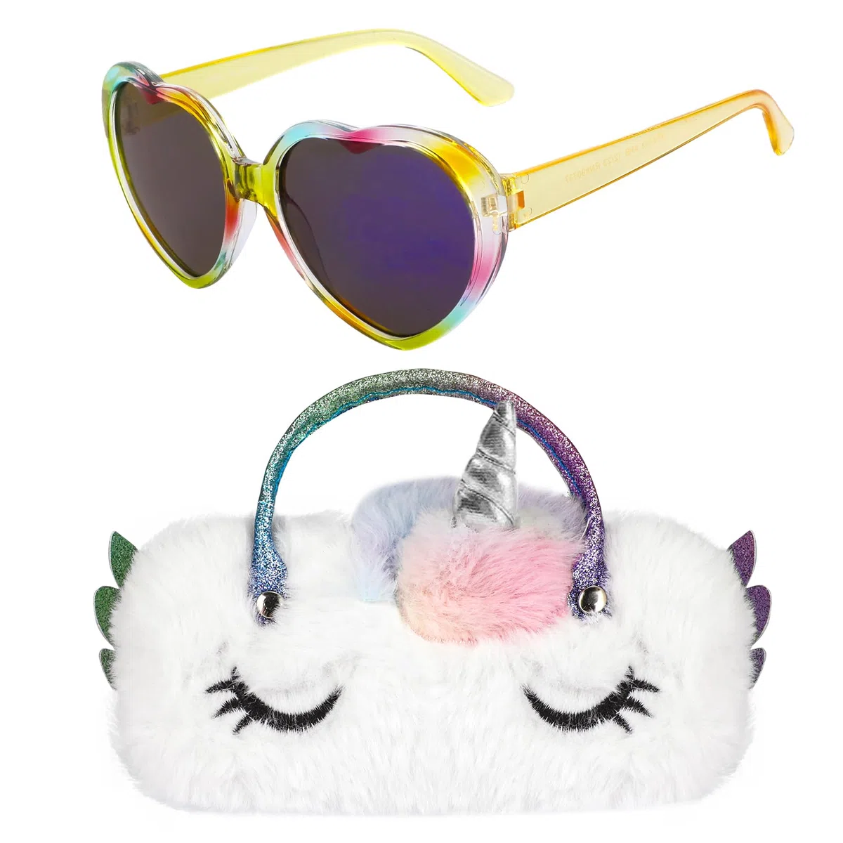 Brillenetui Kinder mit Sonnenbrille Mädchen, Plüsch Einhorn Sonnenbrillenetui mit Griffen Brillenhülle, Regenbogen UV-Schut Sonnenbrille Partybrillen Sonnenbrille für Kinder Mädchen Junge