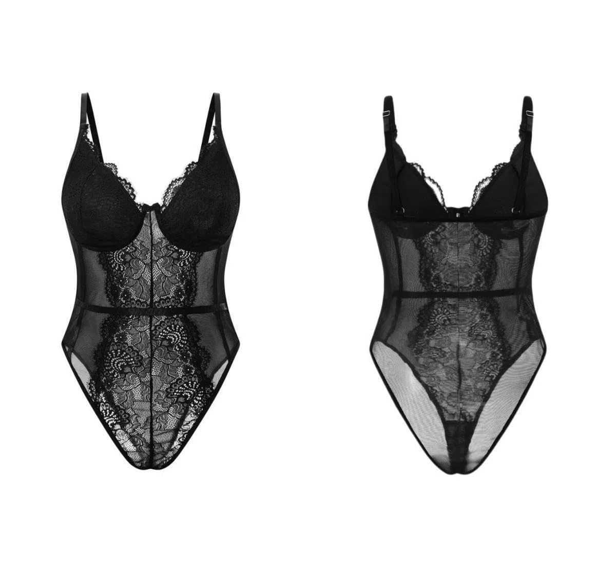 Body Damen Sexy Spitze Transparenter Sheer Mesh Bodysuit Top V Ausschnitt Spaghettiträger Bodys Slim Stretchy Jumpsuit Netz Unterziehbody Mode Rückenfrei Oberteil