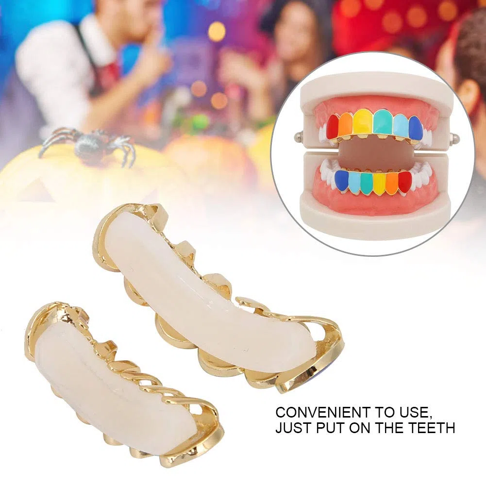 Hip Hop GrillzTeeth, coole, praktische, mehrfarbige Grillz-Zähne aus Messing, umweltfreundlich für Damen Herren(Farbenfroher goldener Anzug)