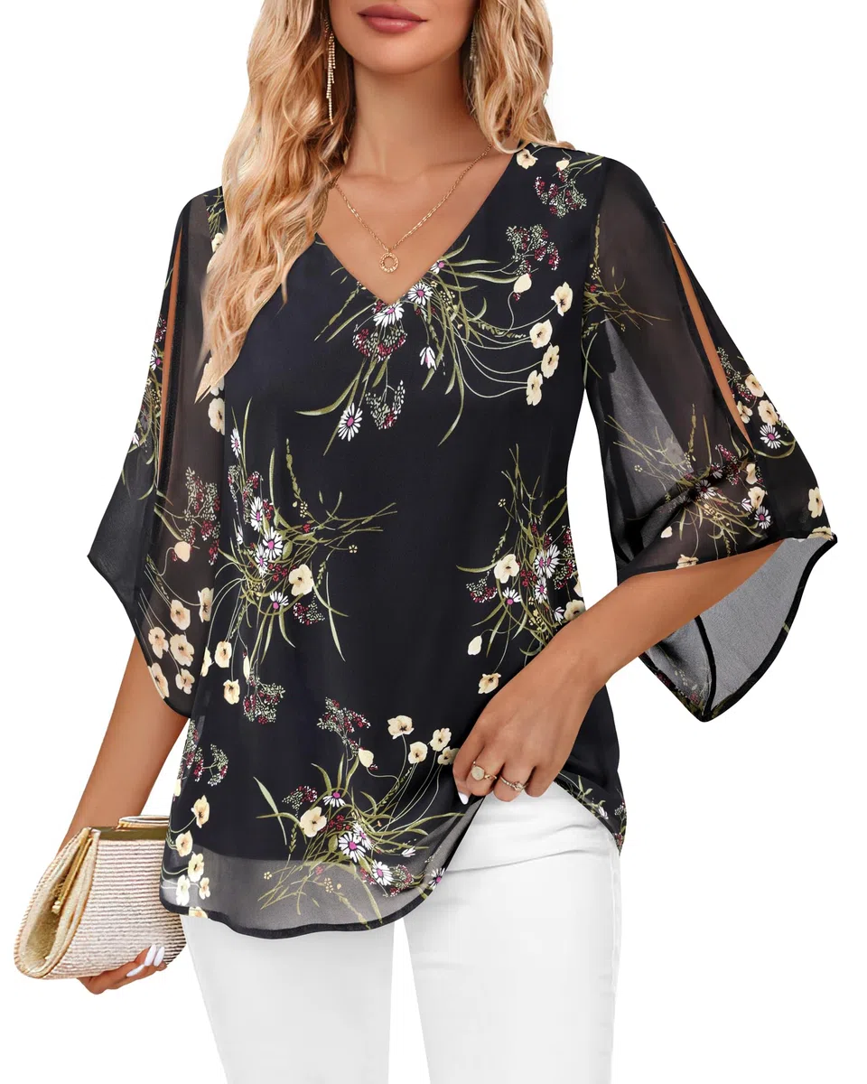 Gaharu Damen Bluse V-Ausschnitt 3/4 Ärmel Sommer Tops Elegant Lässig Oberteil