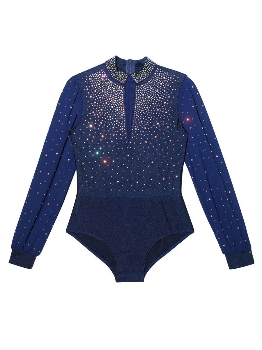 FEESHOW Jungen Turnanzug Langarm Glitzer Strass Latein Tanz Hemd Body Ballett Trikot Mit Stehkragen Kinder Ballsaal Modern Dancewear
