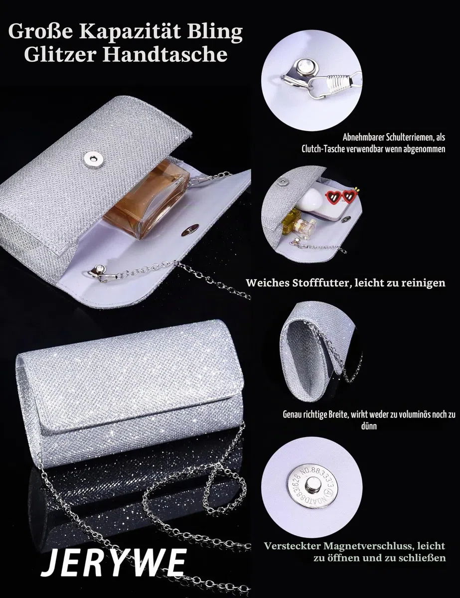 JeryWe 4Pcs Silberne Clutch Schmuck-Set für Frauen Abend Rhinestone Geldbörse Zubehör für Frauen Braut Hochzeitsschmuck