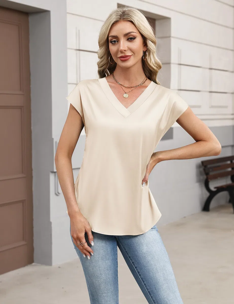 Rapbin Damen Kurzarm V-Ausschnitt Satin Oberteil Casual Bluse Sommer 2026 Elegant Locker Einfarbig Tops