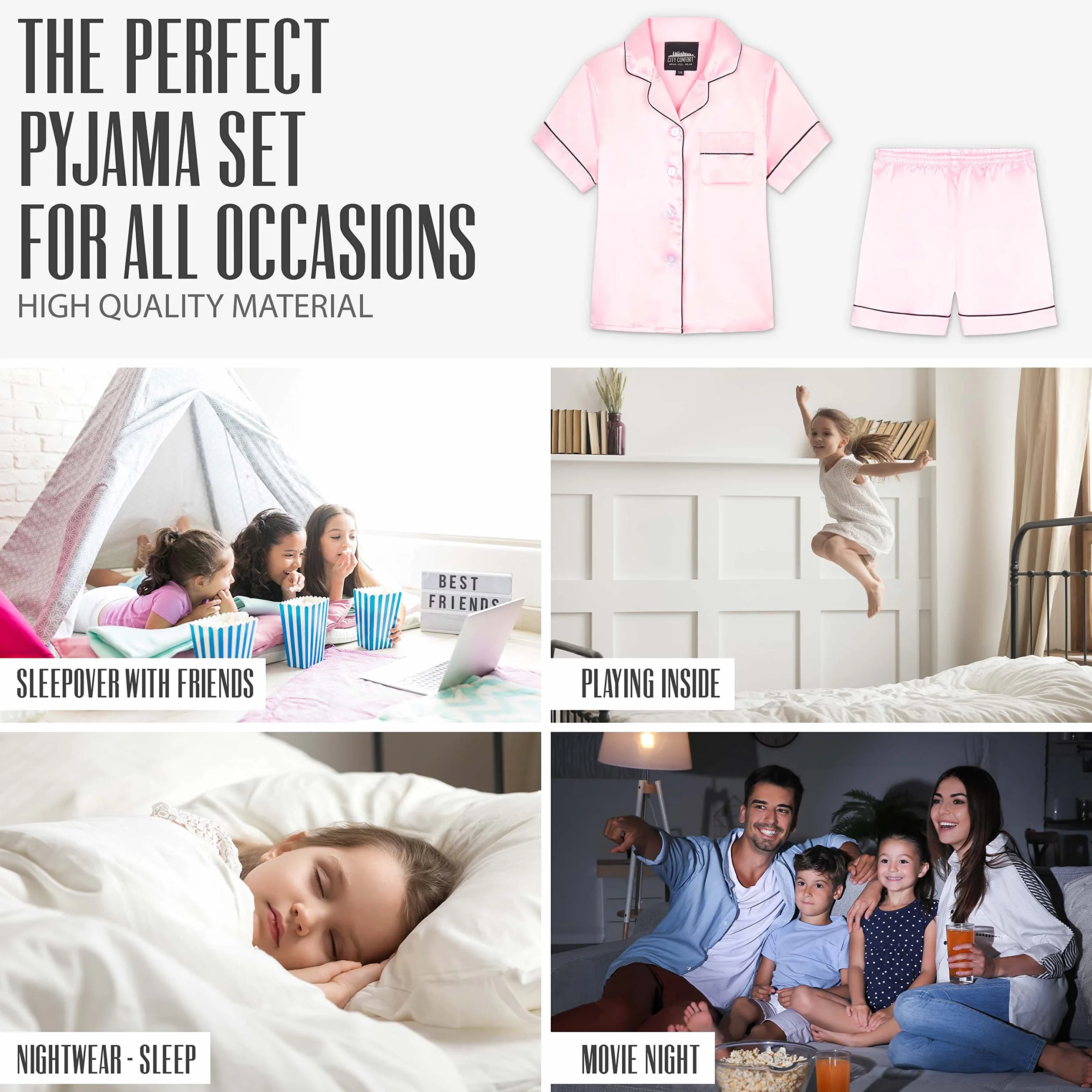 CityComfort Schlafanzug Mädchen 7-16 Jahre, 2-teiliges Satin Sommer Pyjama Set mit Kurzarm Top und Shorts, Geschenke für Mädchen