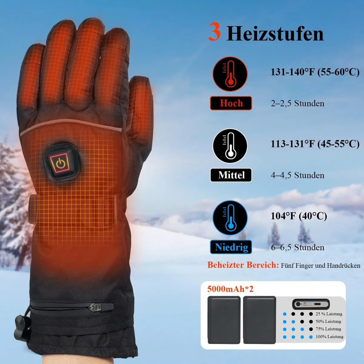 Minthouz Beheizbare Handschuhe 5V 5000 mAh USB-C Wiederaufladbar Wasserdicht Touchscreen 3 Heizstufen Winterhandschuhe