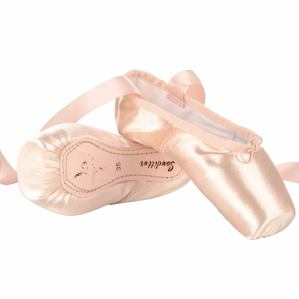 Soudittur Ballett Spitzenschuhe Satin Professionelle Tanzschuhe Rosa Ballerinas mit Aufgenähten Bändern und Spitzenschoner für Damen Mädchen (Bitte wählen Sie eine Nummer größer)