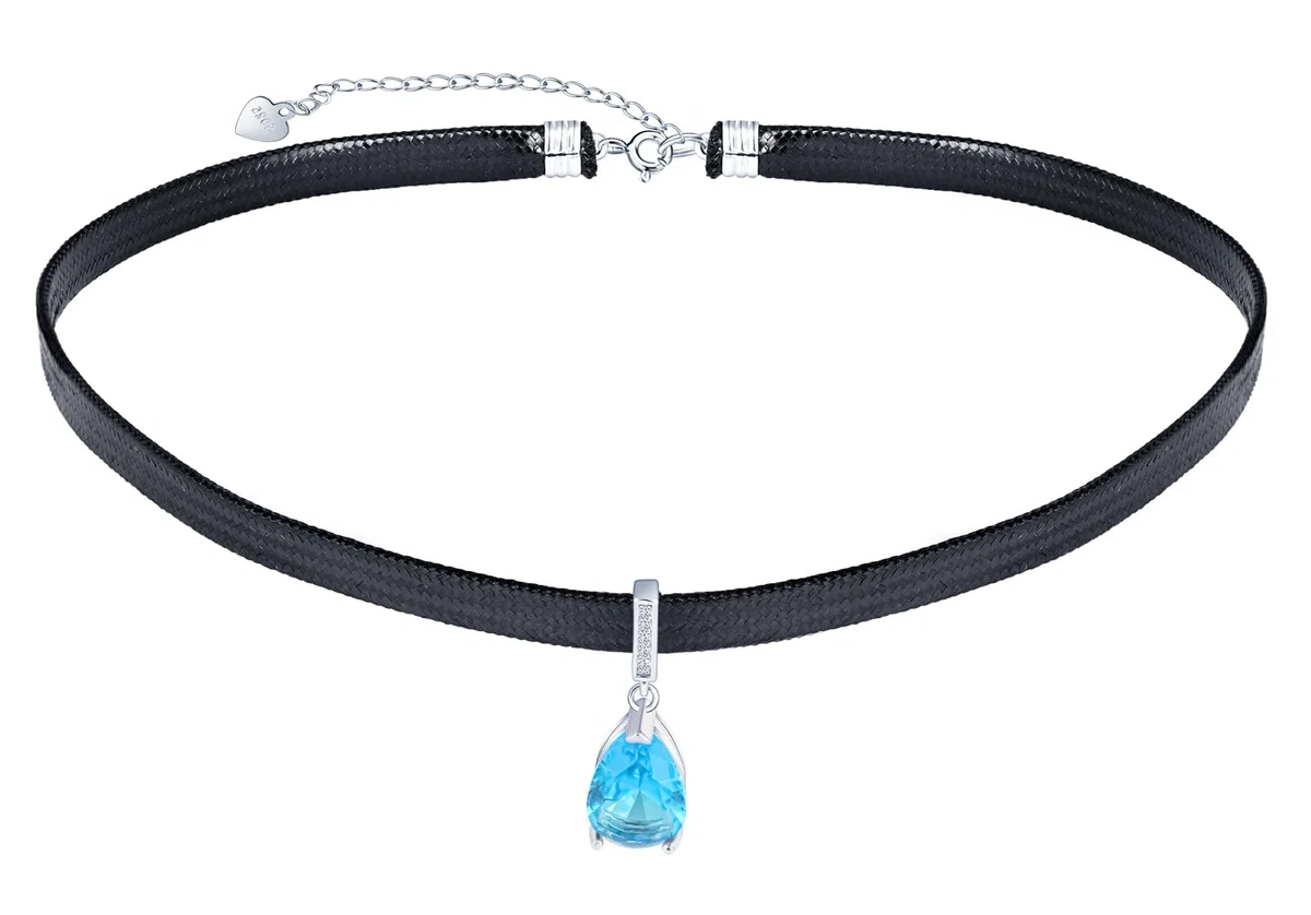 Fashion Damen Halsreife Halskette 925 Silber Ketten mit Blauer Teardrop Zirkonia Anhänger für Mädchen Elegante Choker Ketten mit Schwarze Lederkordelkette