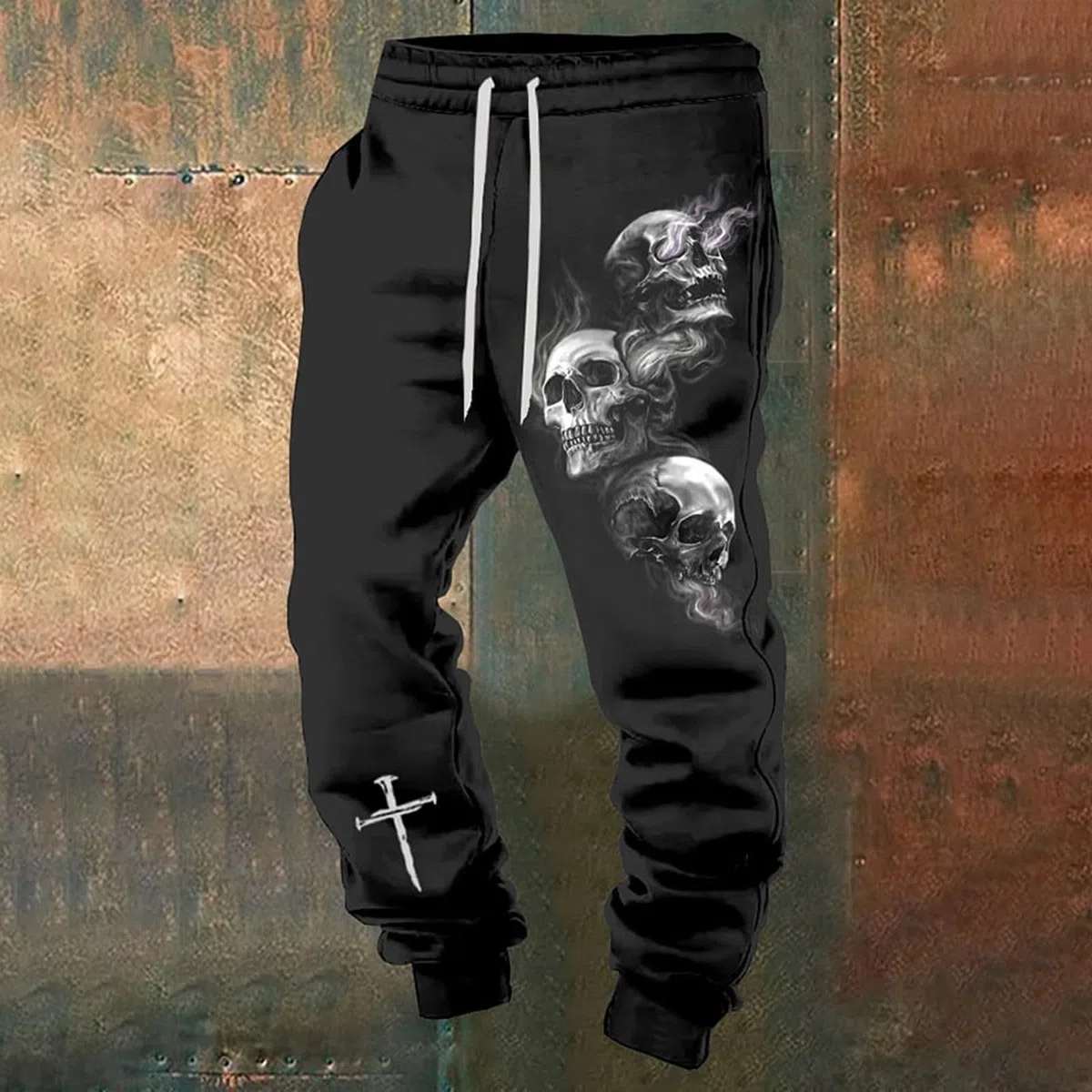 Generisch Herren Jogginghose mit Totenkopf-Motiv - Freizeithose mit rauchenden Schädeln und Kreuz im 3D-Druck | Düstere Gothic- und Biker-Hose für Männer
