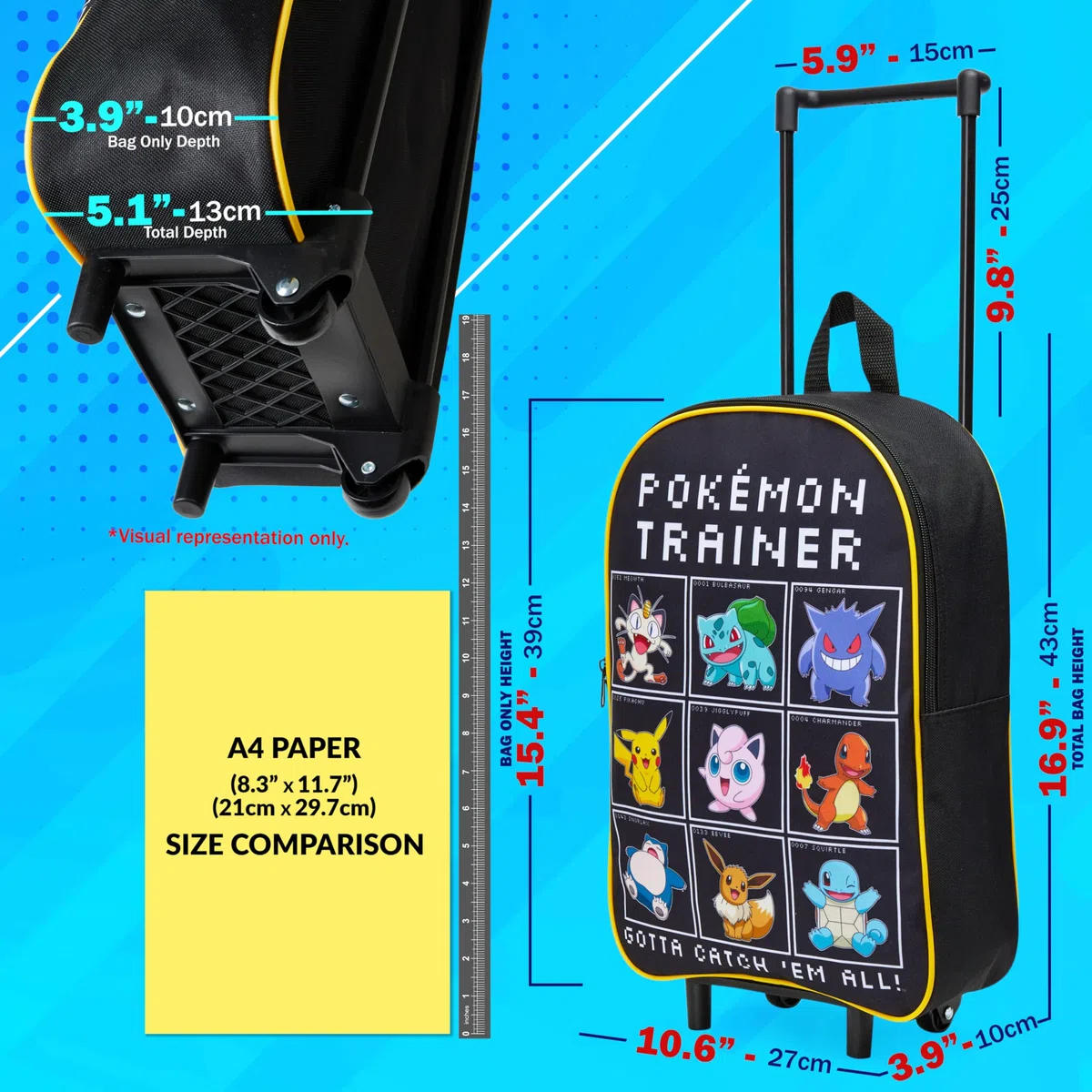 Pokemon Koffer Kinder, Faltbarer Trolley Handgepäck Leicht 39x27cm, 10.5 Liter, 2 Rollen & Ausziehbarem Griff (S/39cm -10.5L, Schwarz/Mehrfarbig)