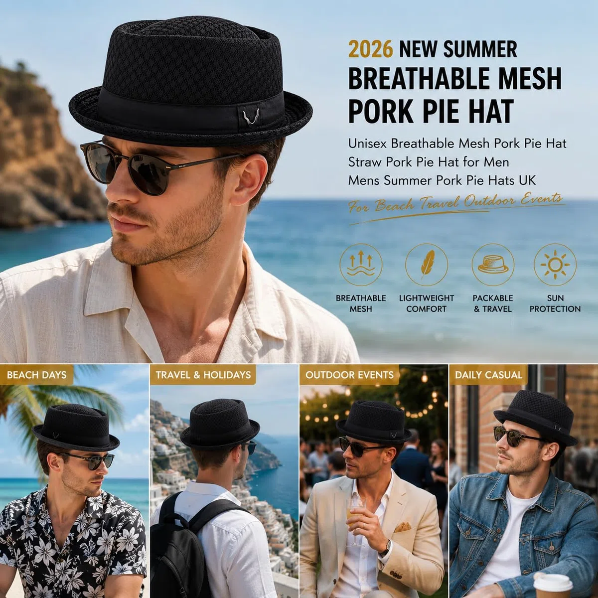 2026 Atmungsaktiver Pork Pie Hut, Unisex, atmungsaktiv, Netzstoff, Pork Pie Hut, Strohhut für Herren, Sommer-Pork-Pie-Hut, für Strand, Reisen, Outdoor-Events