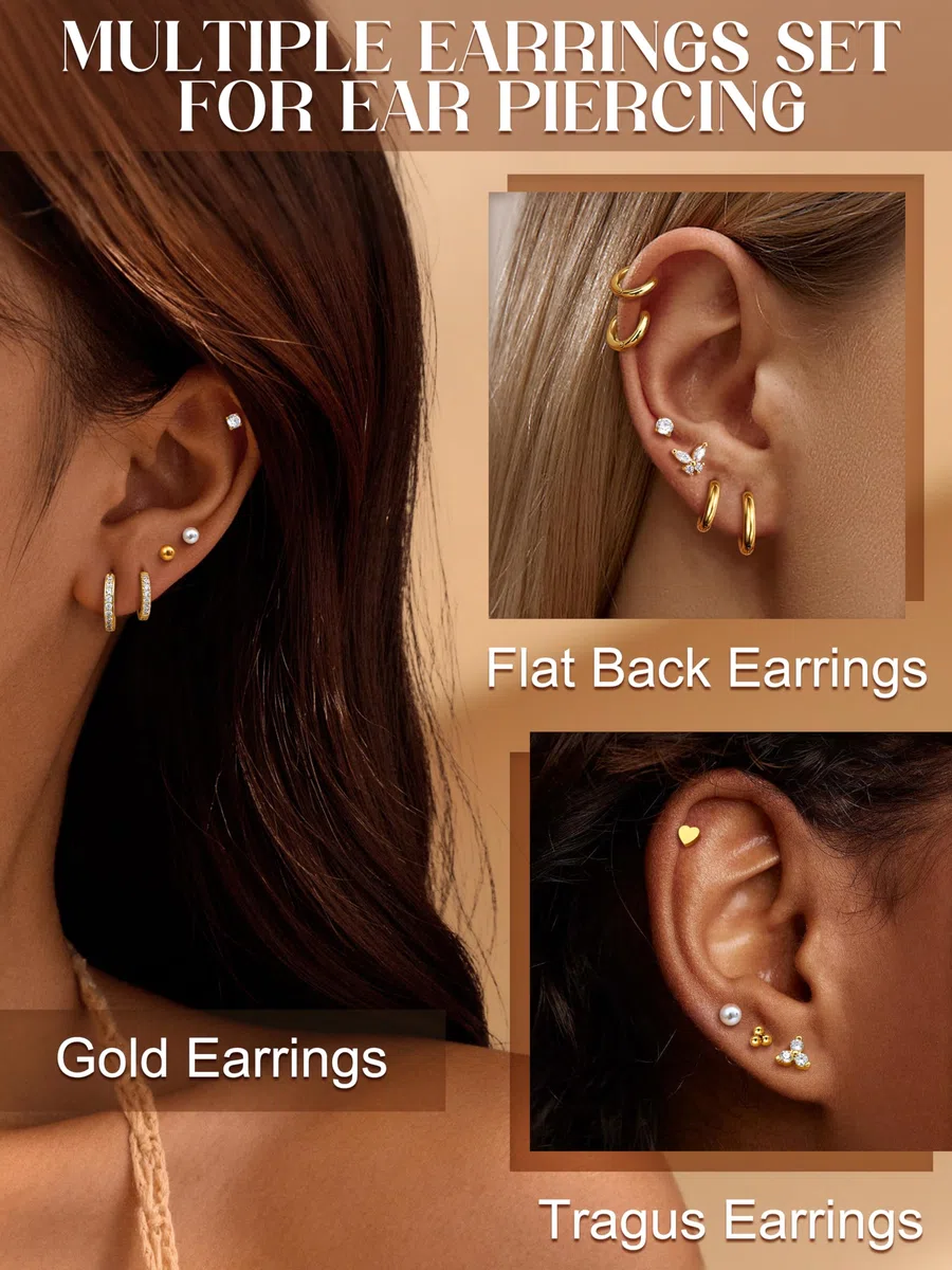 CASSIECA 12 Paar Ohrringe Gold Silber Set, 316L Chirurgenstahl Ohrringe für Damen Herren Medizinische Ohrstecker und Creolen für Mehrfachpiercing 14K Vergoldet Helix Tragus Piercing Ohr Gold Silber