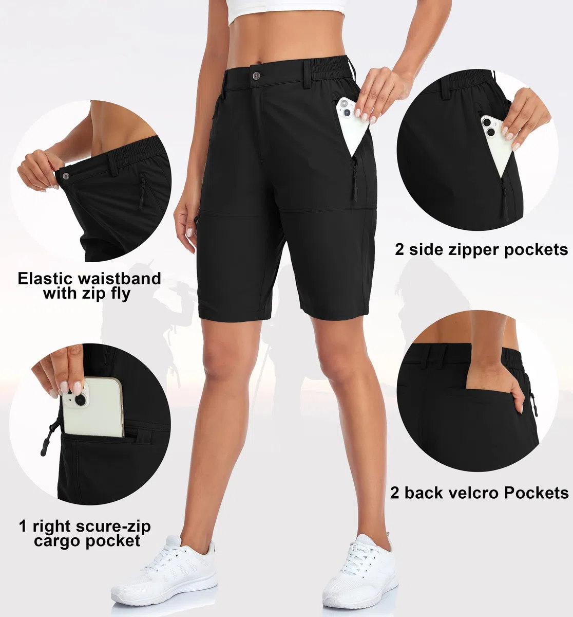 Wanderhose Damen Kurz Sommer Cargo Shorts Leichte Atmungsaktiv Schnelltrocknend Arbeitshose Outdoor Sport Golf Running mit Taschen