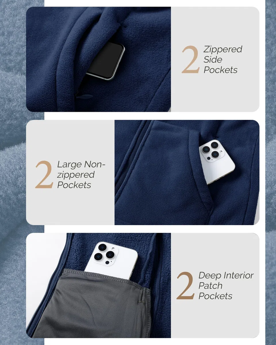 Outdoor Ventures Damen Fleecejacke mit Reißverschluss Hoodie Warm Kapuzenjacke 6 Taschen Wandern