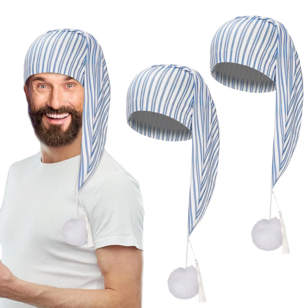 Schlafmütze für Herren, verstellbarer Kordelzug, Schlafmütze mit Bommel, für Kostüm, Alltag, Party, 2 Stück