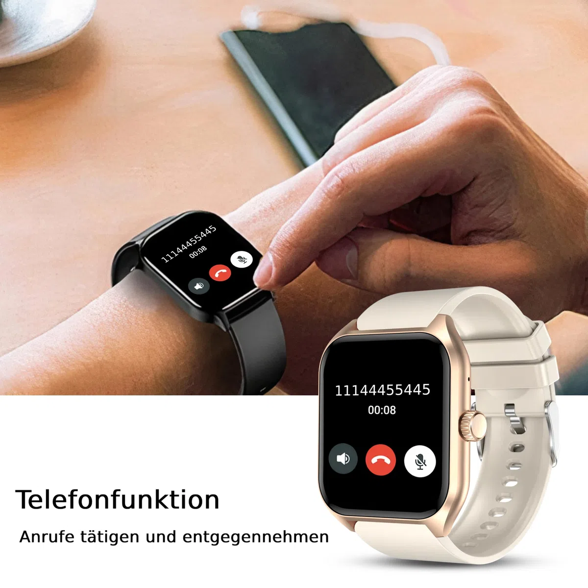 Bliknes X5 Smartwatch 1,96 Zoll für Damen Herren mit Telefonfunktion und Benachrichtigungen, kompatibel mit Android und iOS, Schlafmonitor, Schrittzähler, Fitness Tracker (Beige Gold)