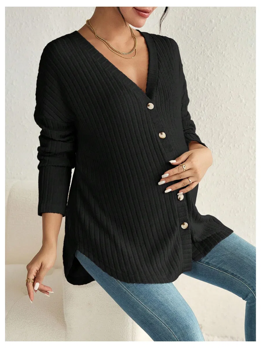 Umstandsjacke für Damen, V-Ausschnitt, lange Ärmel, Oversize, gerippt, Schwangerschafts-Pullover, weich, bequem, lässig, Knopfleiste vorne, Still-Top