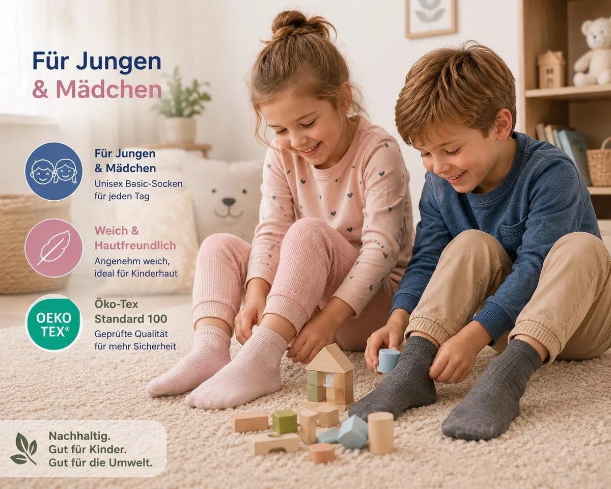 8 Paar Bio Baumwolle Socken ohne Naht Kinder Junge Mädchen Basic-Socken Öko-Tex Standard 100