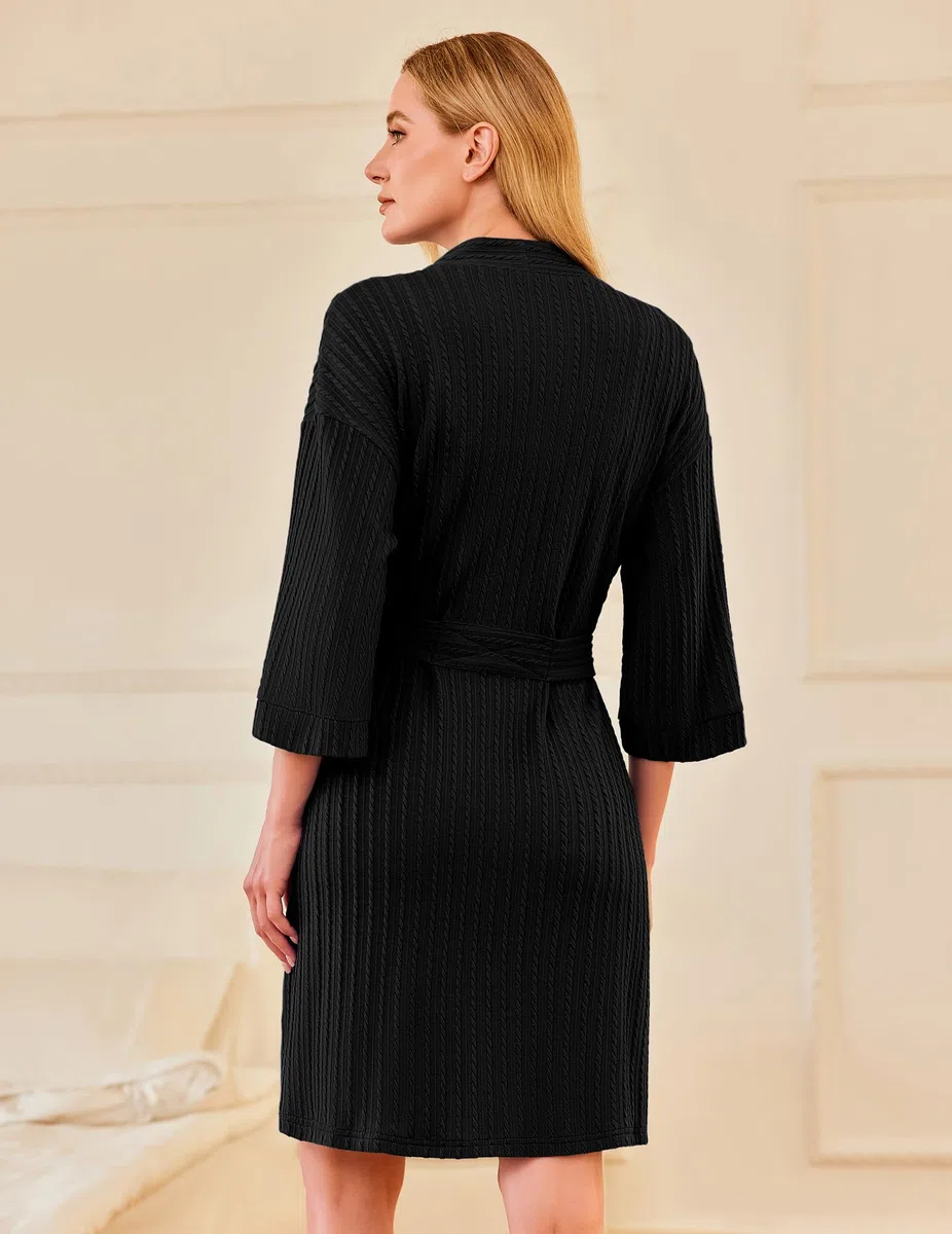 Ekouaer Damen Bademantel Verdreht Gerippt 3/4-Ärmel Morgenmantel Kurz mit Taschen und Bindengürtel Robe Kimono S-XXL
