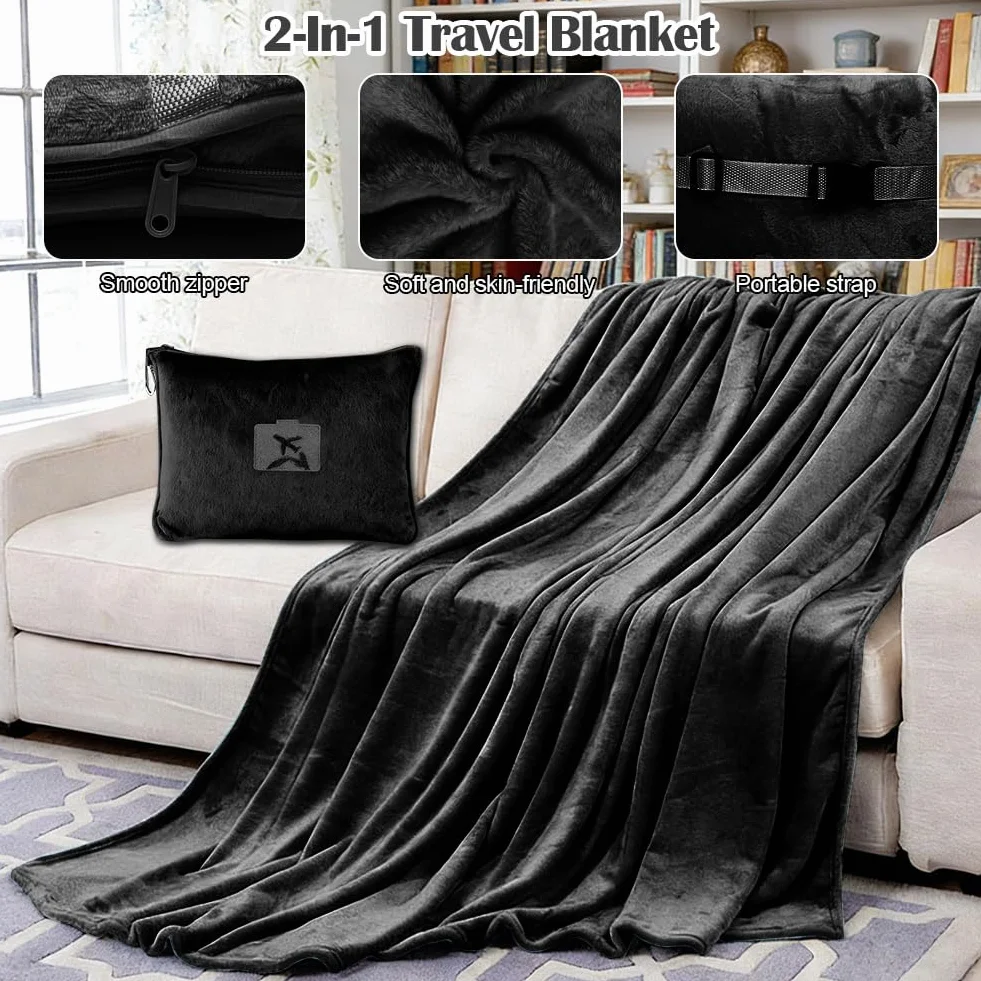 Weiche & Warme Reisedecke für Flugzeug & Auto, Reisedecke Kissen 2 in 1, 152 x 127 cm Weiche Flugzeugdecke, Ultraleichte Kuscheldecke Kompakte Decke für Flugzeug, Auto, Büro, Zuhause (Schwarz)