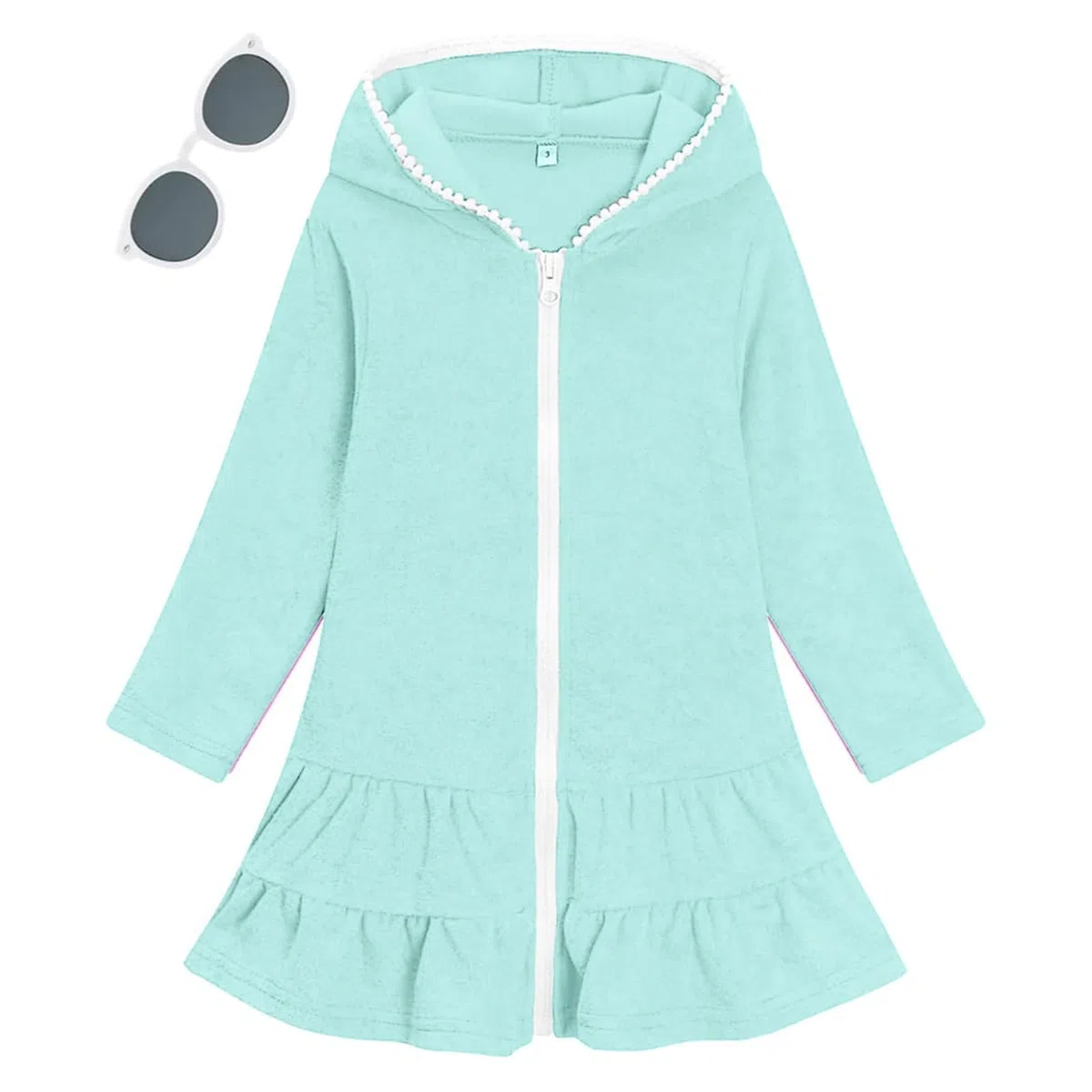 Badeponcho Kinder Reißverschluss Kapuze Cover Up mit Sonnenbrille Saugfähige Frottee Strandkleid Rüschen Gemütlich Strandtuch Sommer Mädchenkleid Langarm Bademode